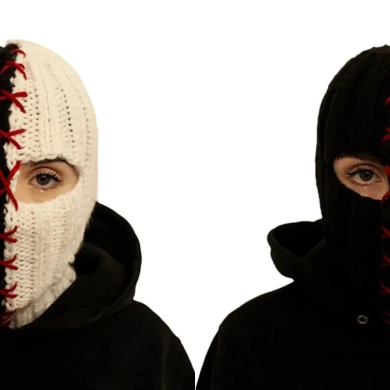 Terrifying Ghost Knitted Winter Balaclava Bucket Hat Full-Head Halloween Cosplay Black and White Stitching Balaclava