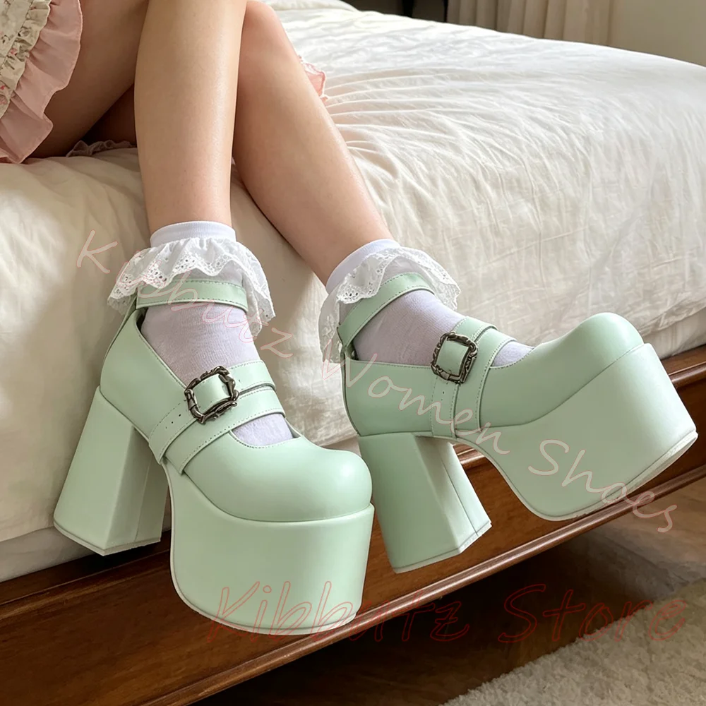 Womens Platform Mary Jane Shoes Chunky High Heel Ankle Strap Square Toe Buckle Gothic Leather Daily Casual Shoes Solid Color New