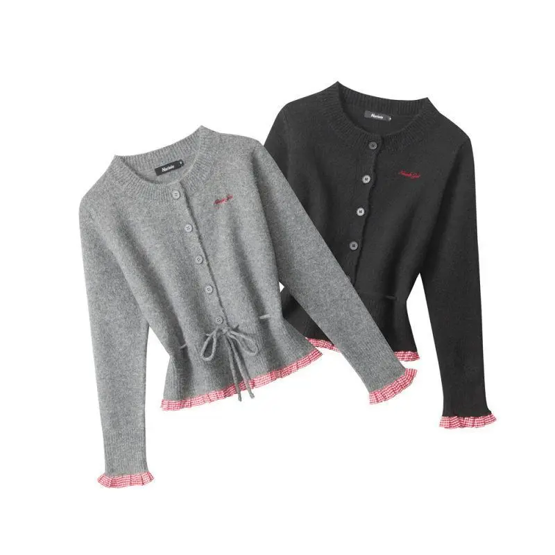 

Retro Plaid Lace Splicing Knitted Cardigan for Women's Autumn New Design Lace-up Waist Slimming Sweater Jacket