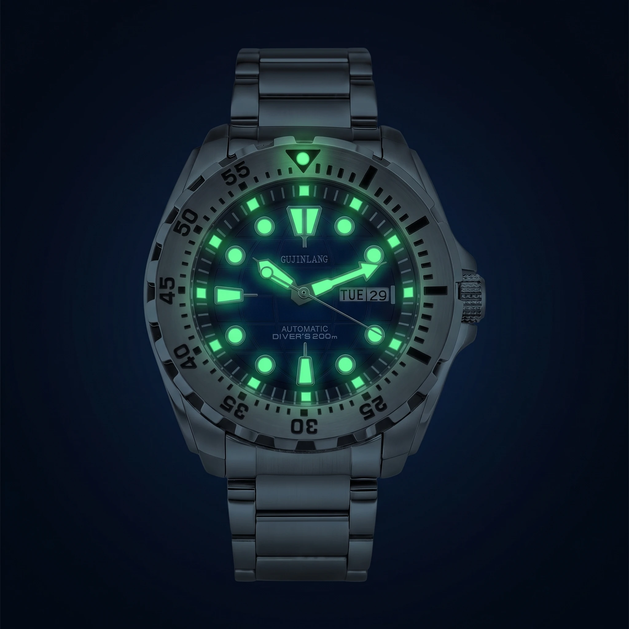 GUJINLANG Men's Automatic Diver Watch 44mm NH36A Day Date Luminous 200M Water Resistant Stainless Steel Mechanical Wristwatch