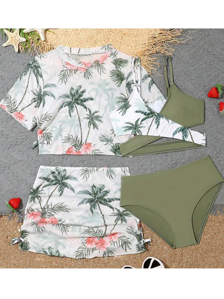 

2026 Print Cross 4 Pieces Bikini Girls Swimsuit Kids Swimwear Female Children's Bathers Bathing Swimming Swim Suit Beachwear