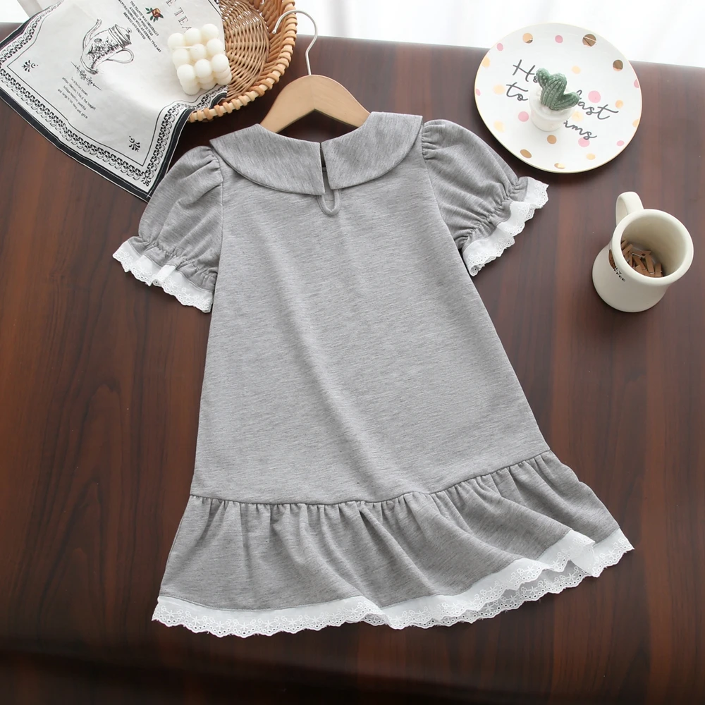 New Girls' Dress Summer Fashion Doll Collar Bow Lace Edge Bubble Sleeve Dress  Kids Clothes