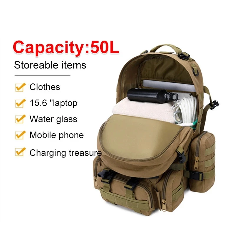 50L Tactical Backpack 4 in 1 Military Army Molle Backpack Sport Bag Waterproof Outdoor Hiking Camping Travel 3D Rucksack mochila