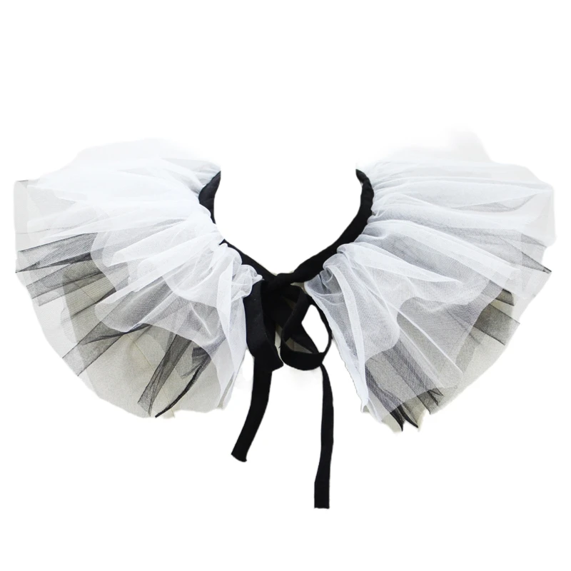 Women Tulle Ruffled Fake Collar Layered Black White Mesh Clown Choker Lace-Up Ribbon Victorian Neck Ruff Shawl Cospl