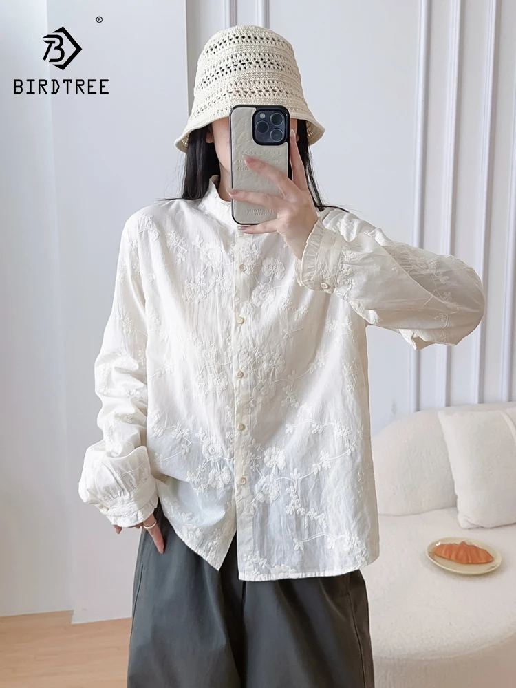 

New 2026 Autumn Women Cotton Long Sleeve Shirt, Stand Lace Embroidery, Mori Girl Fairy Preppy Style Chic Loose Blouse T66686CC