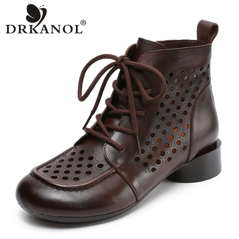 

DRKANOL, дышащие ботильоны ручной работы в стиле ретро для женщин, из натуральной кожи, на толстом каблуке, мягкие, удобные, летние, прохладные ботинки