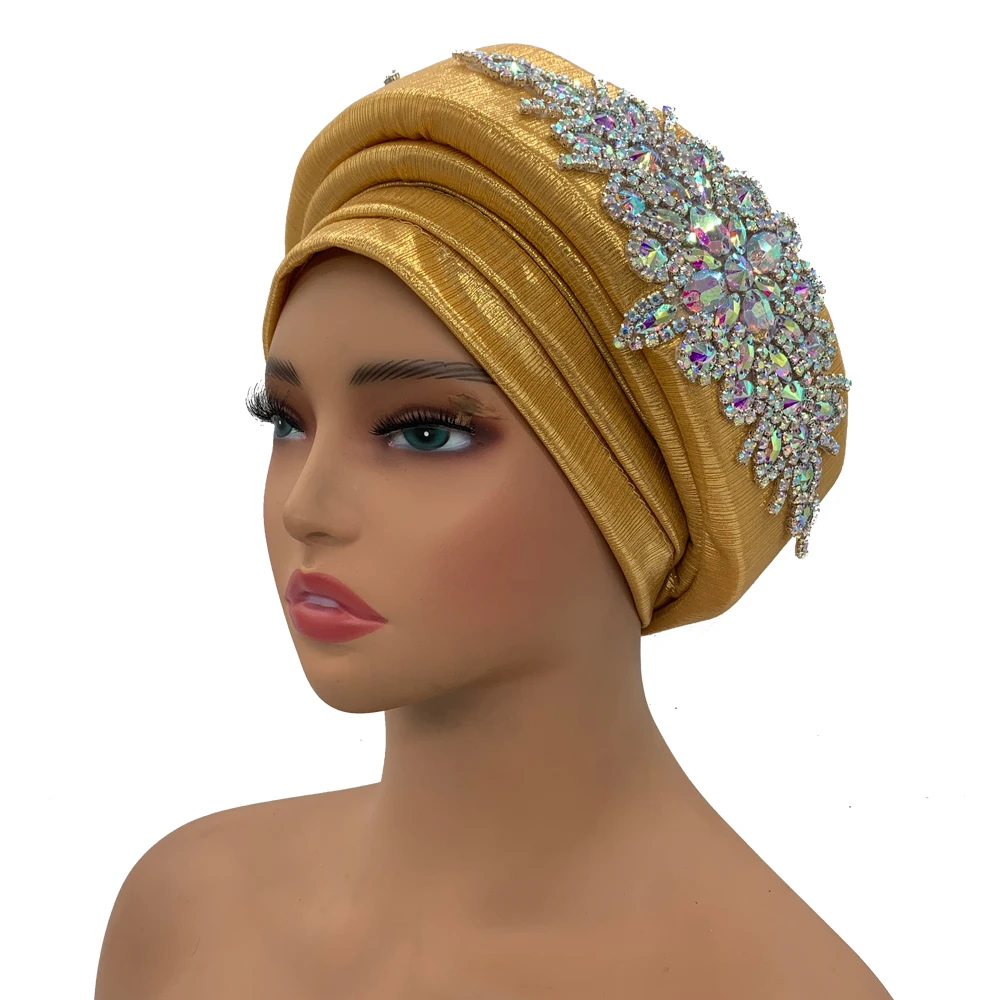 Luxo strass turbante chapéu para mulheres glitter africano envoltório cabeça chapelaria nigeria auto gele headtie turbante mujer