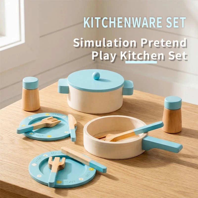 Wooden Kitchen Play Set for Kids, Pretend Cooking Toy with Pots, Pans, Utensils and Tableware, Montessori Role Play Kitchen Toy