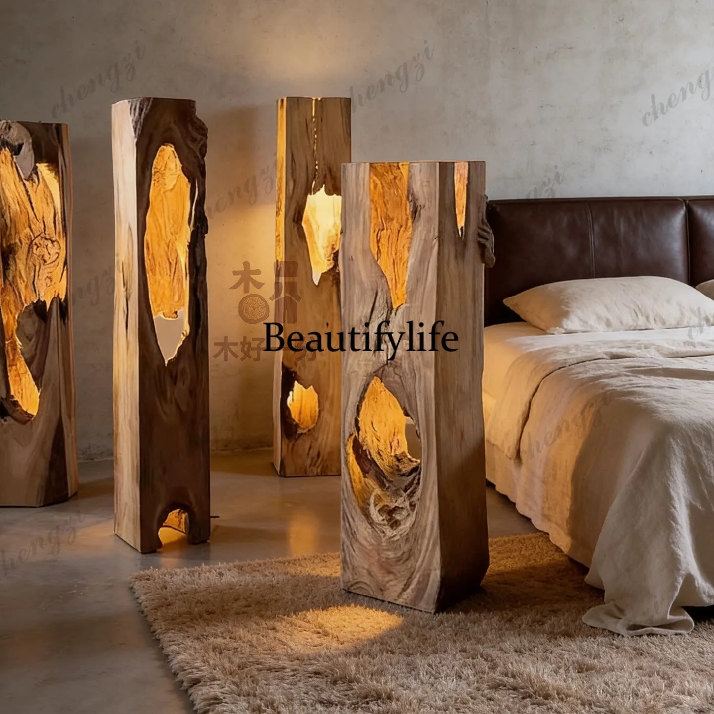 Log floor lamp wabi sabi wind decoration retro dining room solid wood lamp tea room study bedroom bedside medieval wood lamp