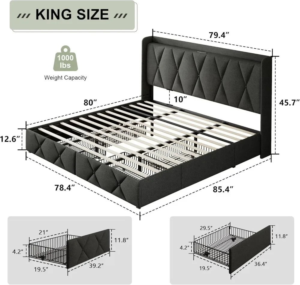 King Bed Frame with 4 Storage Drawers, Upholstered Button Tufted Storage Headboard with Fast Charging Station