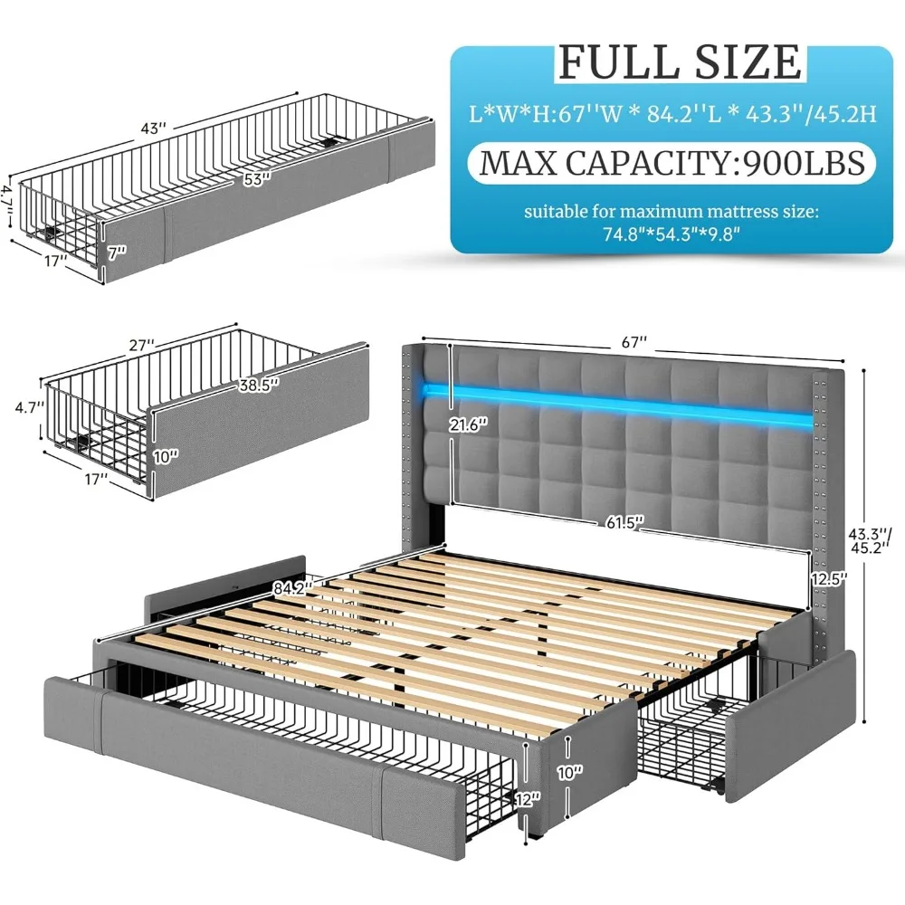 Bed Frame with Storage,LED Bed Frame with Adjustable Headboard, Upholstered Platform Bed Frame Queen Size with 3 Drawers