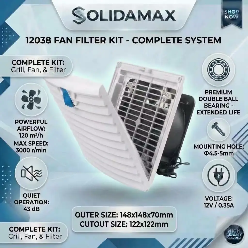 SOLIDAMAX 12038 DC 12V 0.35A 3000RPM 148.5x148.5mm 122x122mm Dual Ball Bearing Dustproof Shutter Case Cooling Filter Kit Fan
