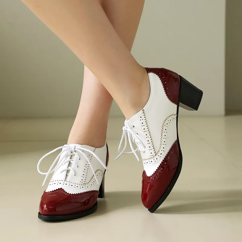2026 Spring/Summer Retro Cross Tied Carving High Heel Mixed Color Women's PU Leather Brogues Oxford Shoes Female Pumps 40-43 New