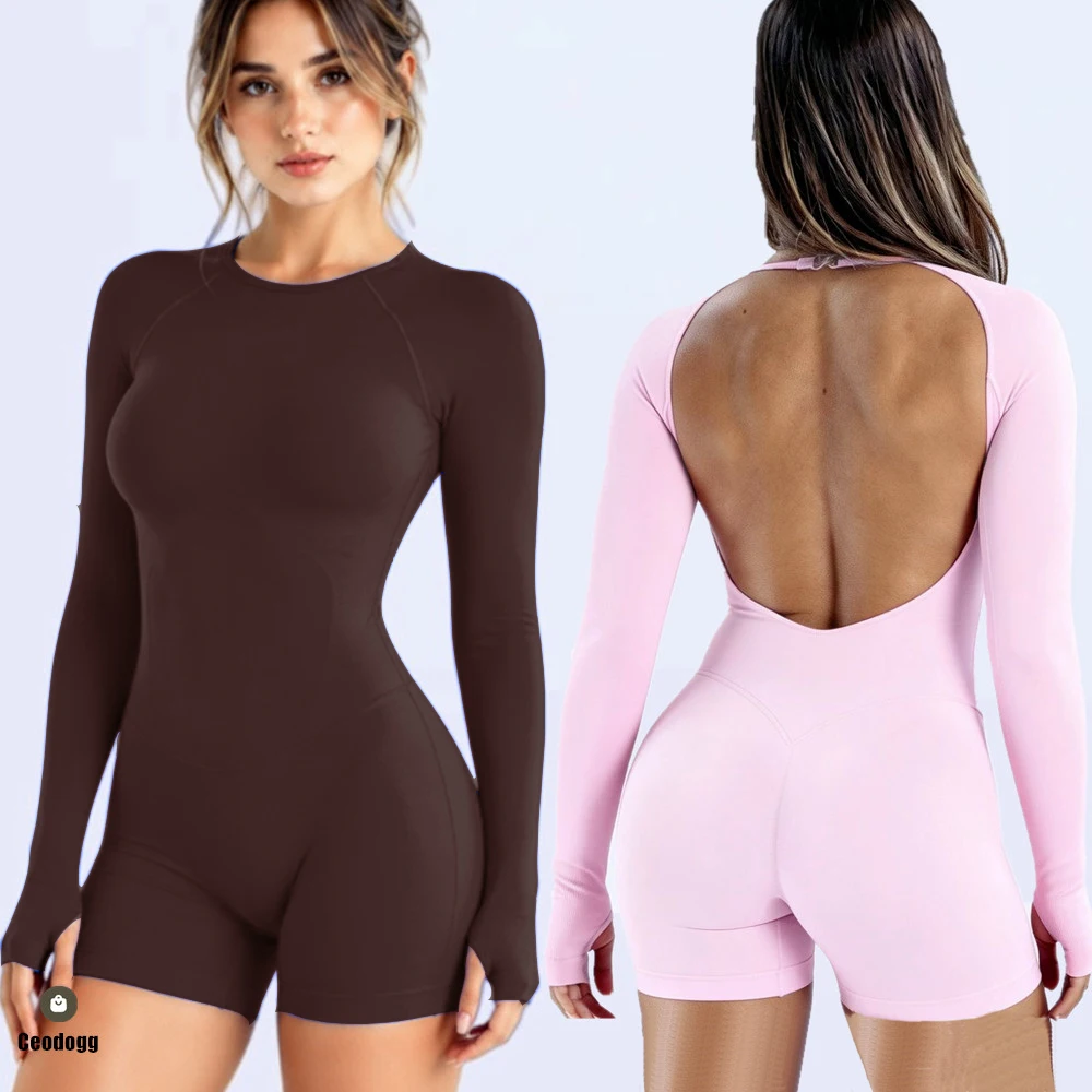 Nologo パッド Dmpact 長袖ヨガセットワンピースジム服女性フィットネスワークアウトジャンプスーツ背中の開いたショーツスポーツウェア XP390 1