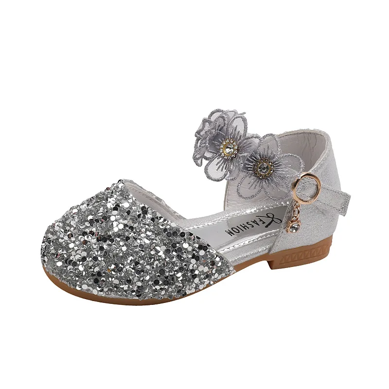 Sandales d'été en dentelle à paillettes pour petite fille, chaussures de performance à fleurs scintillantes pour enfants, spectacle sur scène, mode princesse