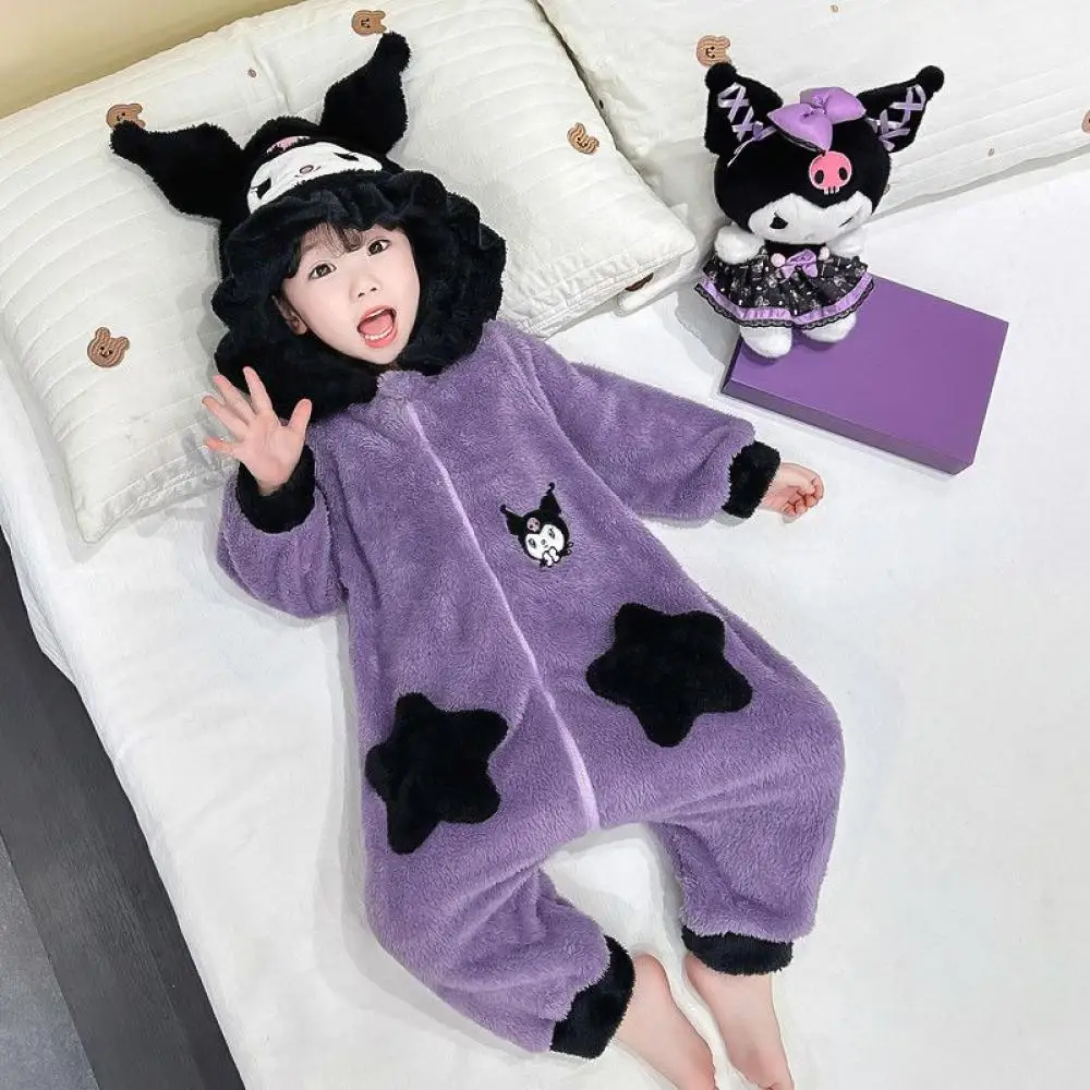 Autumn Winter Kawaii Kuromi Kids Plush Jumpsuit Pajamas Anime Sanrio Cartoon Girl Casual Anti-Kick Warm Homewear Cute Nightwear