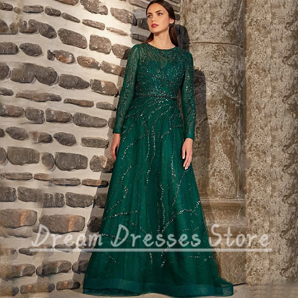 Exquisite Oansatz Langarm Abendkleid Frauen Party A-Line Bodenlangen Shiny Perlen mit Gürtel Hochwertige Kleider – Detail 2