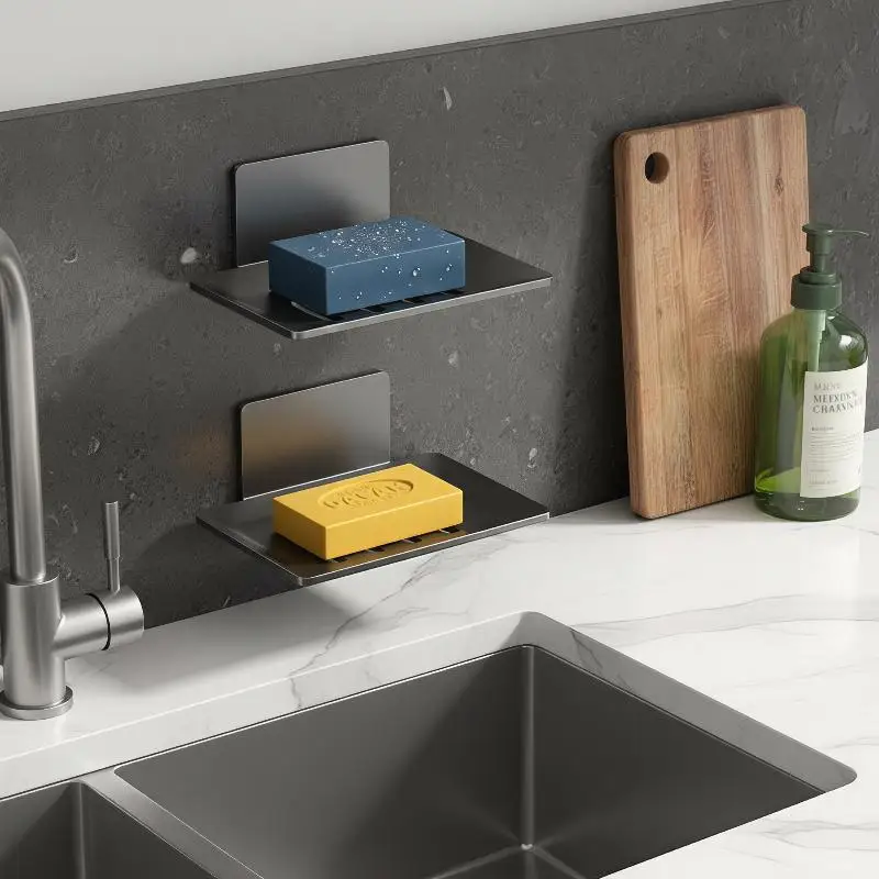 No Drill Soap Sponge Holder Wall Mounted Tray Organizer for Bathroom Kitchen Household Storage Use