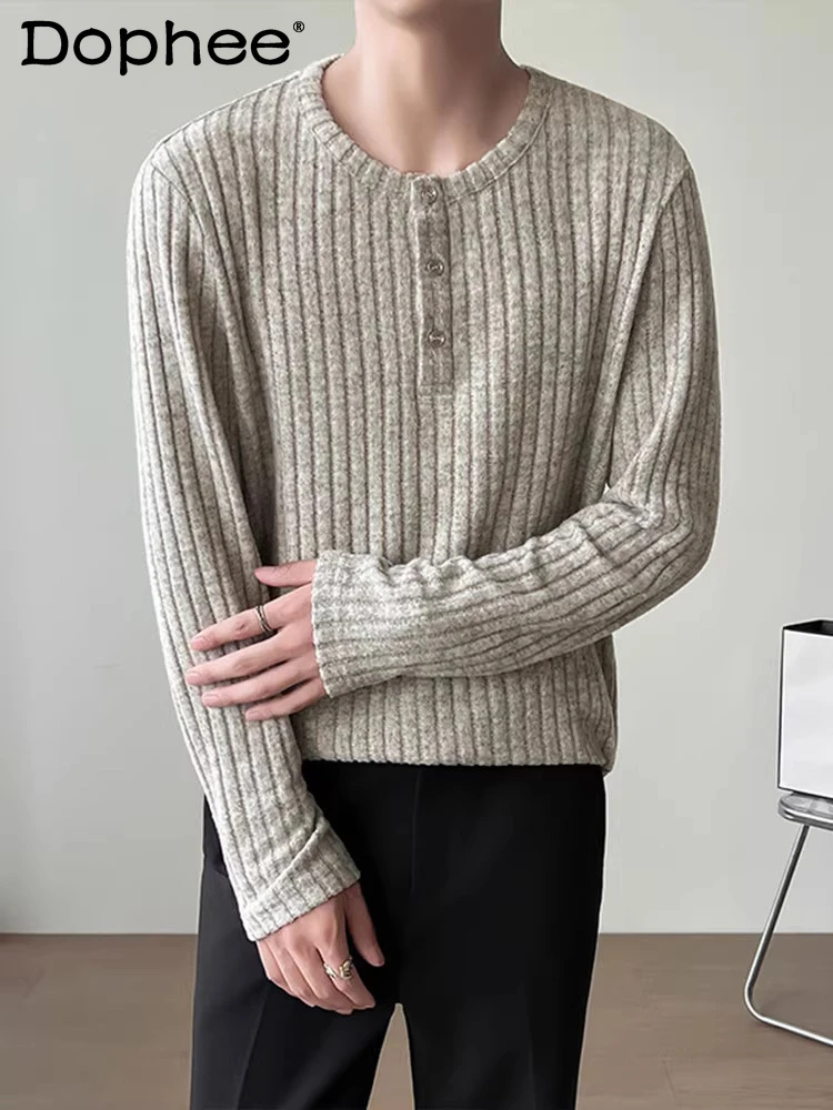 

Мужские однотонные полосатые футболки с длинным рукавом, весна-осень 2026, новые стильные комфортные дышащие простые топы