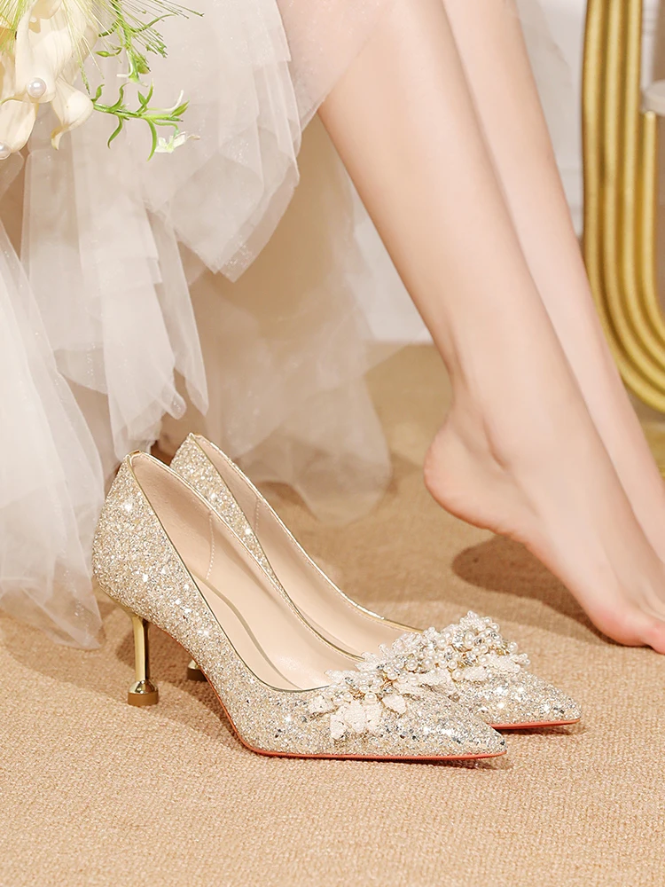 

Bridesmaid High Heels Crystal Wedding oes Comfortable for Wedding Guests Faionable Sweet Sle Glitter Upper PU Insole