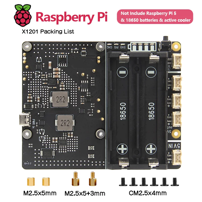13HOT aglomerado Geekworm Raspberry Pi 5 18650 Ups, placa de administración de energía X1201 V1.1 con encendido automático para Pi 5