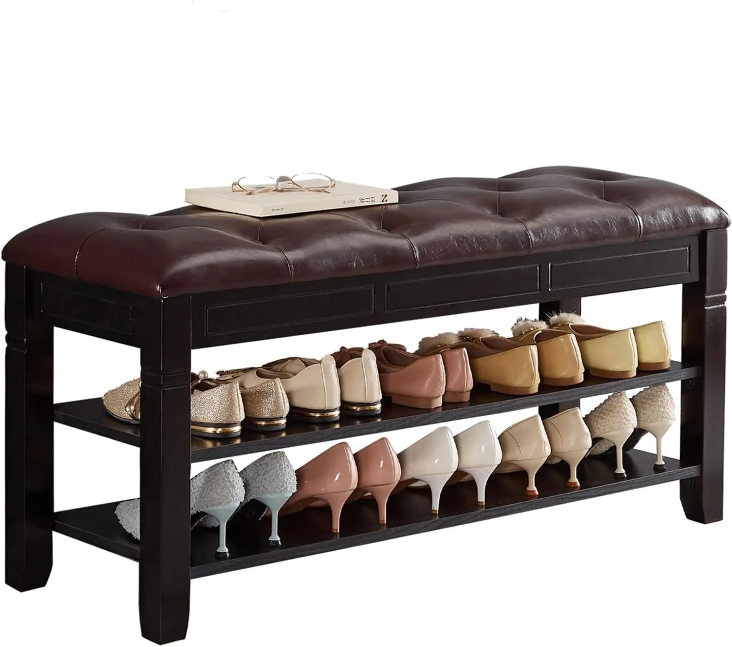 

Shoe Storage Bench Entryway Shoe Rack with Fiberleather Seat 2 Tier Lift Top Organizer Wooden Shoe Bench for Entryway Hallway