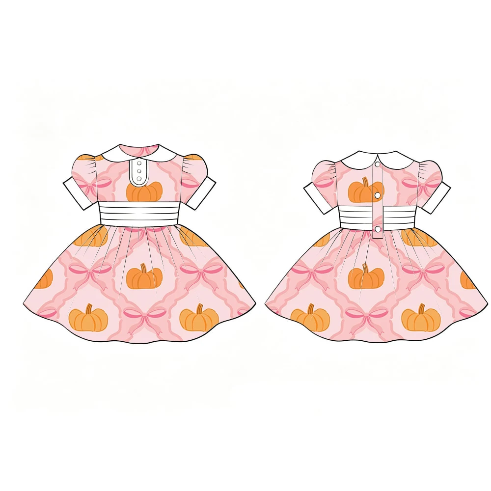 Toddler Girls Pumpkin Print Dress Peter Pan Collar Short Sleeve A Line Princess Dress Kids Fall Thanksgiving Party Outfit