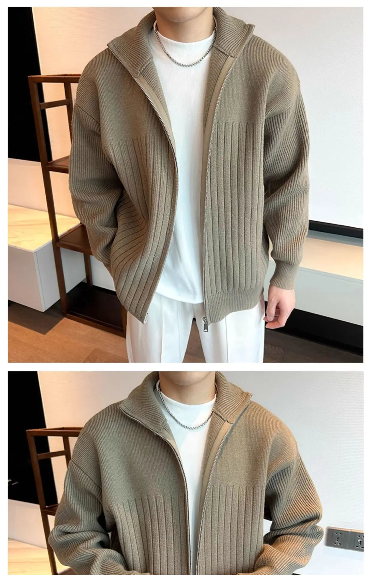 Herren Herbst Winter Gestreifter Cardigan Pullover Jungen Studenten Warme Jacke Herren Casual Pendlerjacke Weiche Bequeme Strickware – Detail 5