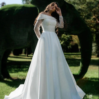 Bling Beads Wedding Dresses Long Sleeve Off Shoulder Spring Wedding Gowns Women Satin Bridal Dress Robe Mariage Customized 2025