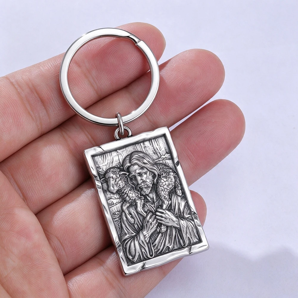 Vintage Jesus Shepherd Relief Keychain Agnus Dei Lamb of God Square Key Ring Stainless Steel Pendant Key Holder Gift for Men