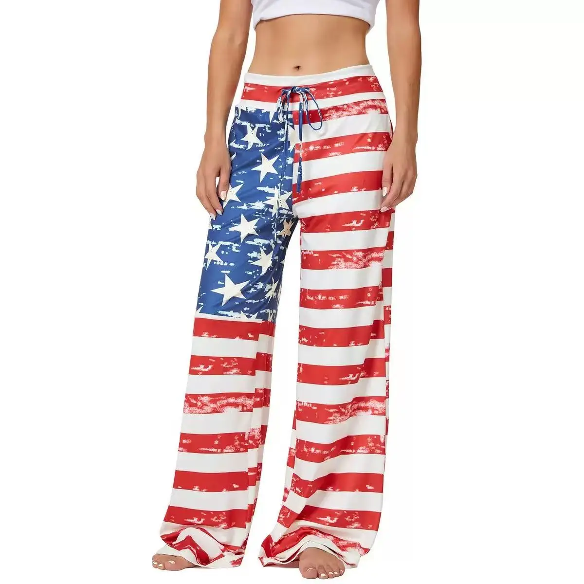 Pantaloni a gamba larga con bandiera USA da donna taglie forti Pantaloni comodi casual con coulisse elastica a vita alta