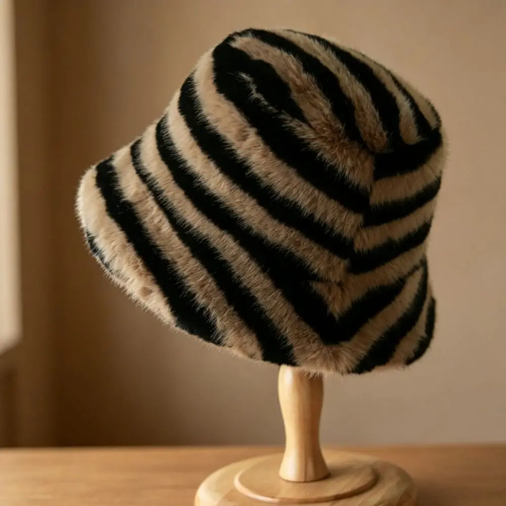 New Zebra Pattern Winter Bucket Hat Fluffy Ear Protection Bonnet Cap Faux Fur Thickened Striped Fisherman Hat