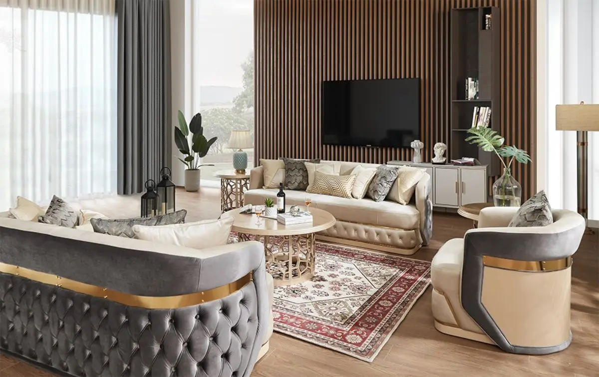 Modern Luxury Velvet Upholstered Living Room Sofa Set Stainless Steel Belt Decoration Button Tuffed Home Villa