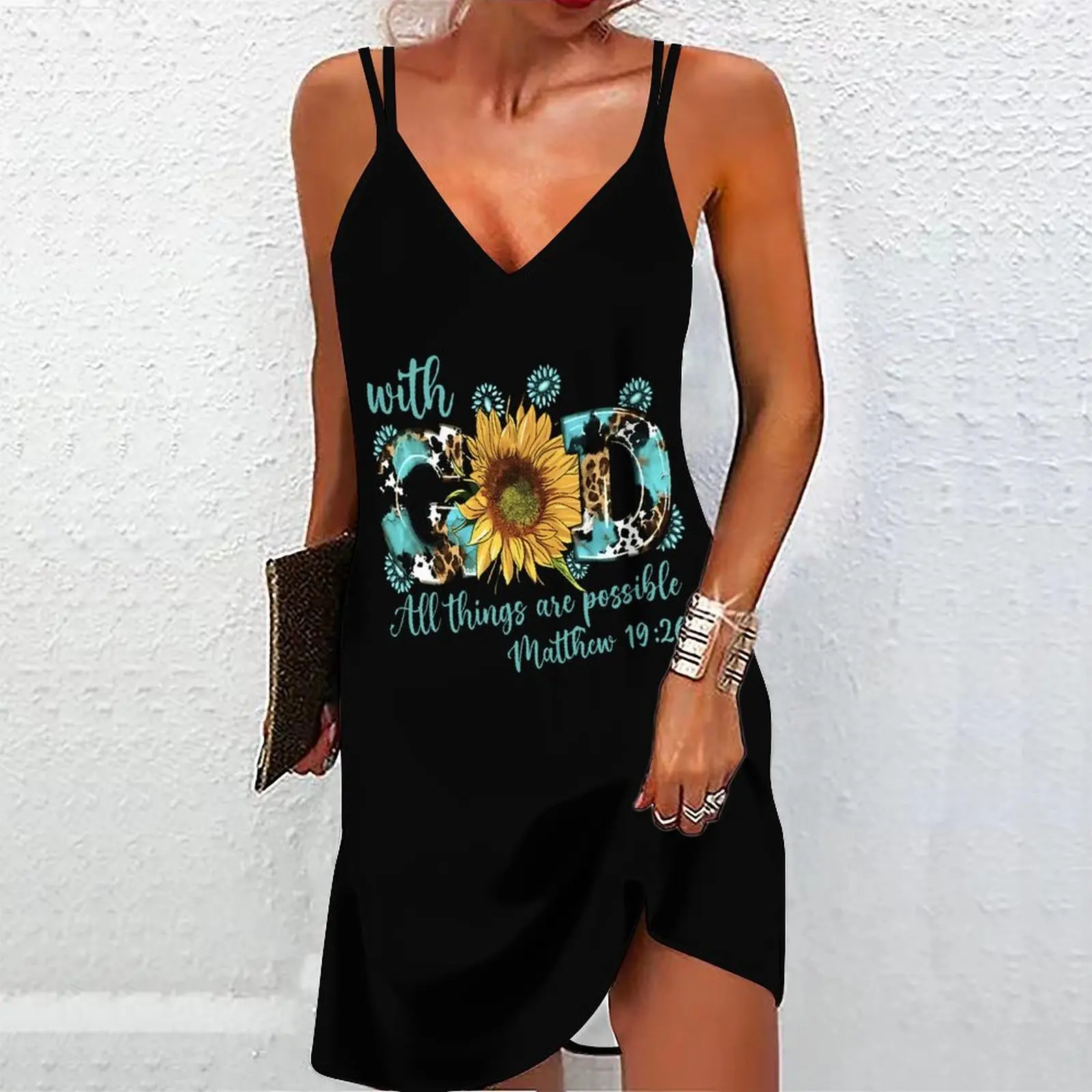 Women Spaghetti Strap Mini Dress Colorful Paint Splash Print Deep V Neck Side Slit Sleeveless Casual Summer Party Slip Dress