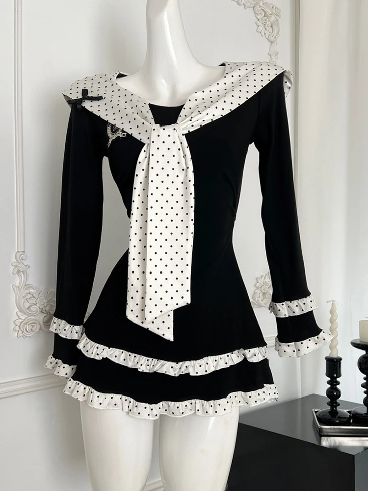 Fall Winter Women Vintage Ballet Core Shoujo Girl Dress Korean Mini Frocks Long Sleeve One-Piece 2000s Gyaru Coquette Polka Dot