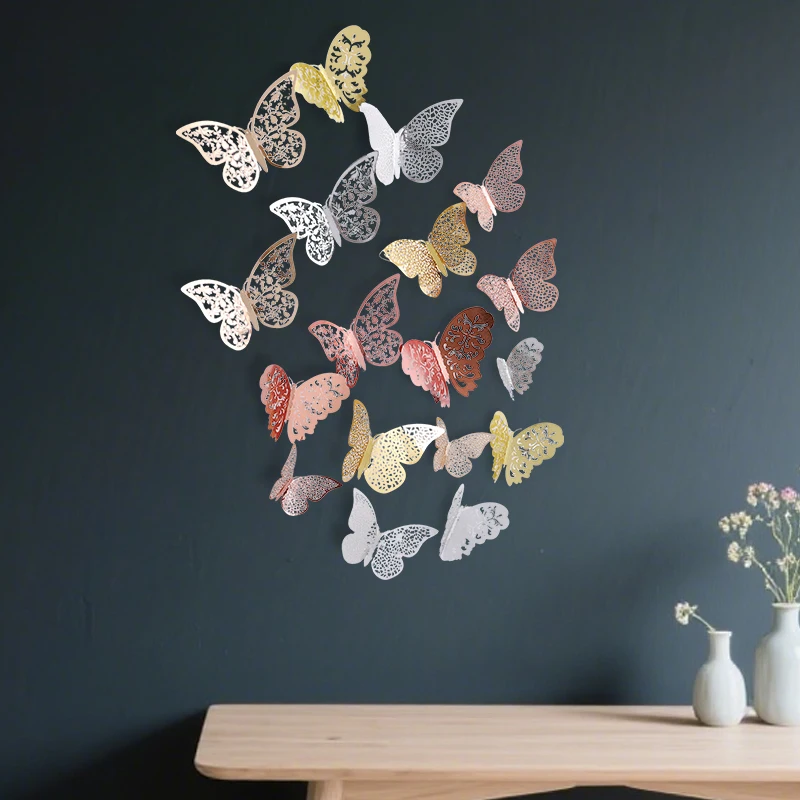 12 Teile/satz Hohl 3D Schmetterling Wand Aufkleber Wohnkultur Hochzeit Dekoration Schmetterlinge Aufkleber Für Wohnzimmer Fenster