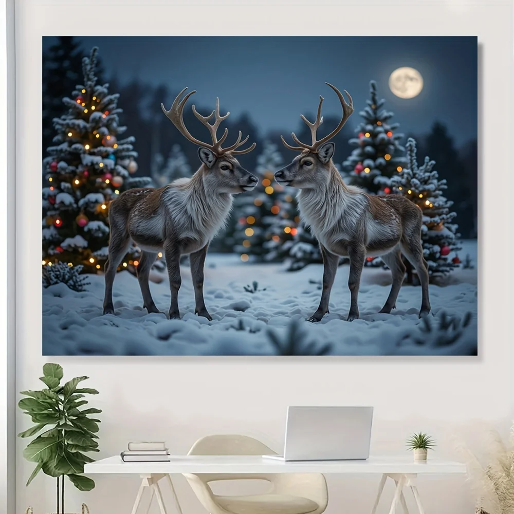 tapestry1pc Polyester Reindeer Wall Hanging Banner - Snowy Night Scene with Majestic Reindeer, Christmas Trees & Moonlit Sky,