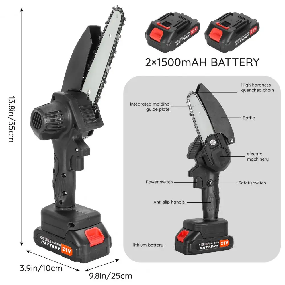 4/6 Inch Cordless Electric Chainsaw 2 Battery Security Lock Handed Portable Pruning For Wood Cutting,Trimming Branch,Courtyard