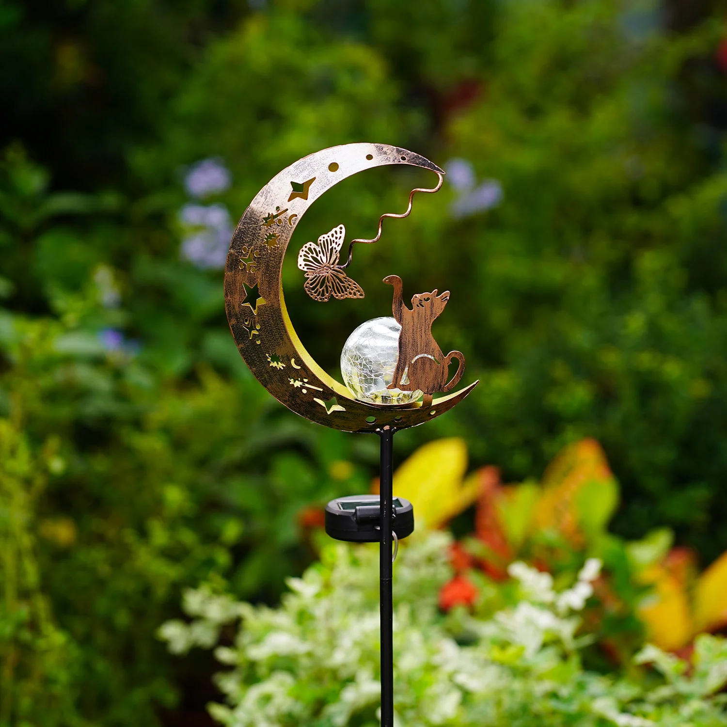 1pc Solar Lawn Light - Cat Paw & Butterfly Design with Moon & Stars, Outdoor Garden Decor Light, Iron Light for Yard, Party Gift