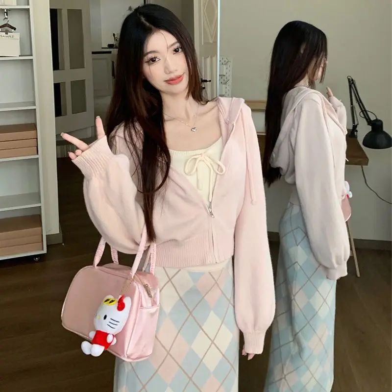 3 Pcs Women Sets Sweet Pink Plaid Midi Skirts Gentle Hooded Leisure Zip-up Coats Cropped Y2k Hot Girl Bow Design Camis Elegant