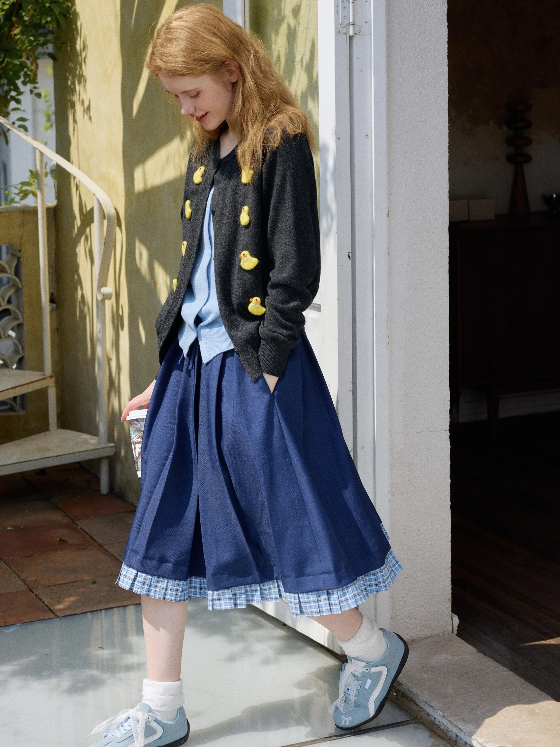 

Xingshan Bag Sweet Temperament Dark Blue Gingham Plaid Skirt College Style Half-length A-line Skirts Casual Polyester Fiber