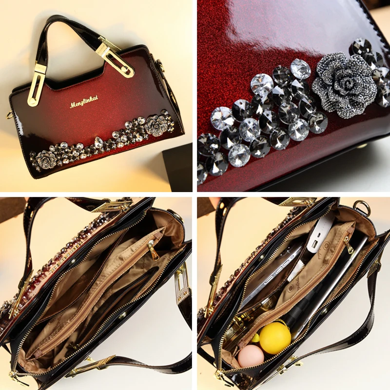 2023 new fashion large-capacity middle-aged mother bag bright leather bag atmospheric high-grade embroidered diamond messenger h