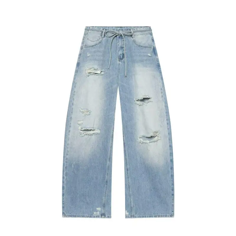 Withered American Boyfriend Old School Casual Ripped Hole Waist Wide Leg Jeans Women's Denim Pants Woman Clothes Women's Jeans
