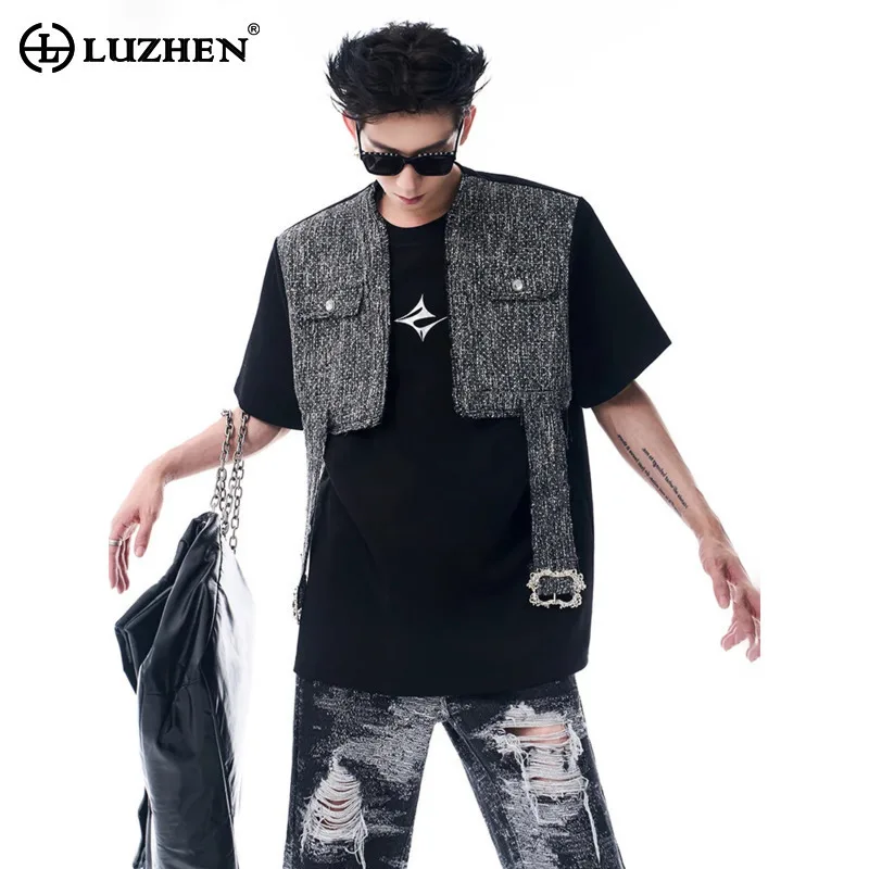 

LUZHEN Sleeveless Vest Patchwork Shawl Design Short Sleeve T-shirts Men's 2025 Summer Streetwear Handsome Male Clothes JY2901