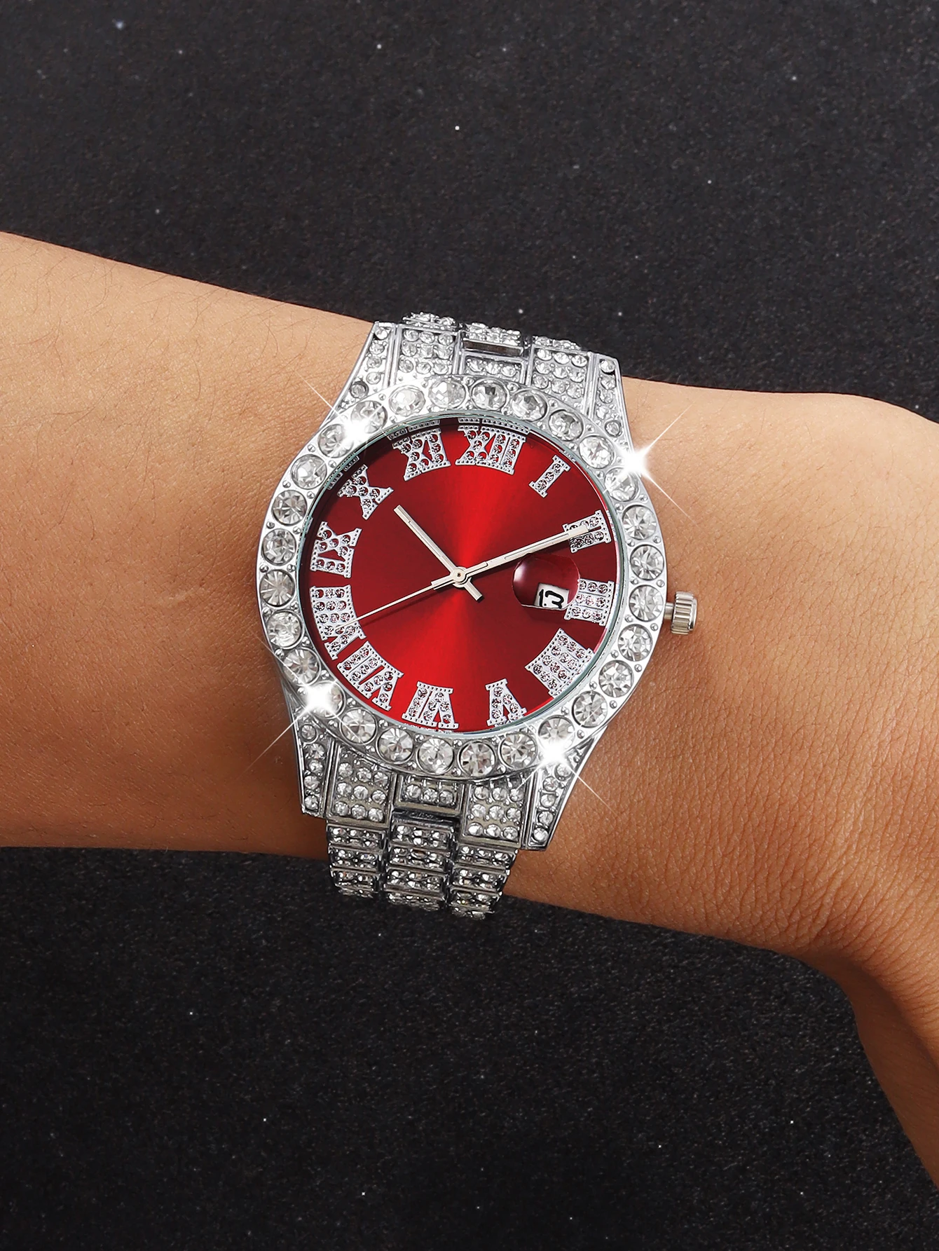 ساعة كوارتز رجالية مع سوار هيب هوب كلاسيكي وقلادة ووظيفة التقويم وملابس الحفلات وصندوق متوافق غير متضمن #6