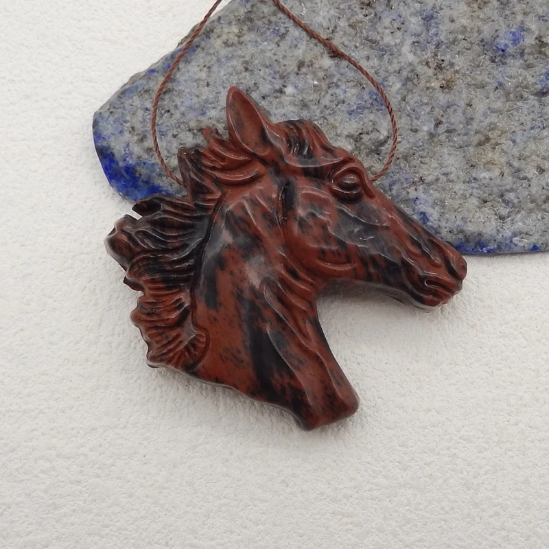 

Natural Stone Carved Horse Head Pendant Bead,Semiprecious Stone Red Obsidian Carving Animal Pendant 47x49x9mm 22g