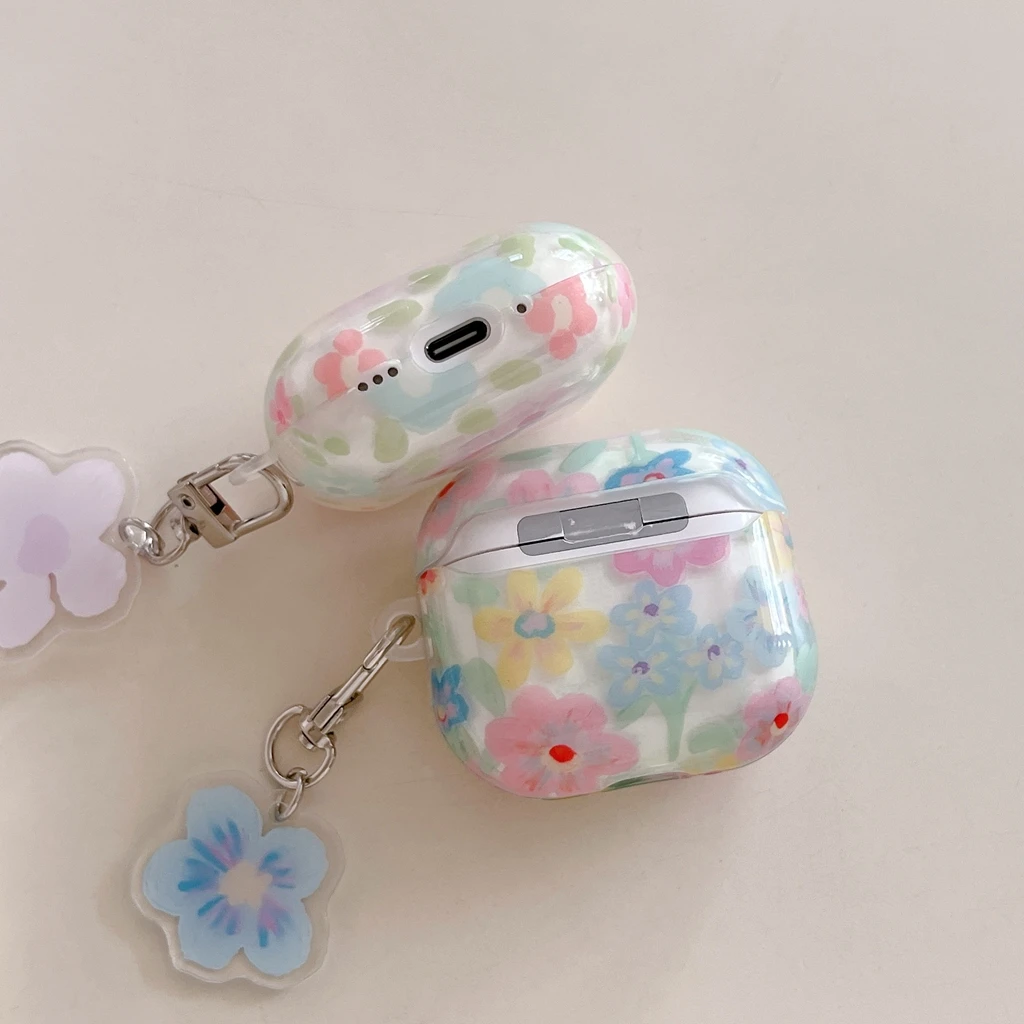Spring Oil Painting Garden Colorful Flowers Translucent With Pendant Earphone Protect Cover Case for AirPods 2 3 4 5 Pro2 Pro3