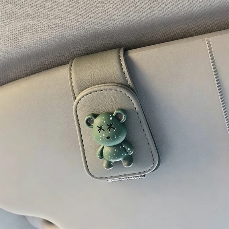 Universal Magnetic Car Sunglasses Holder Card Storage Cute Bear Leather Eyeglass Hanger Clip Sun Visor Auto Accessories