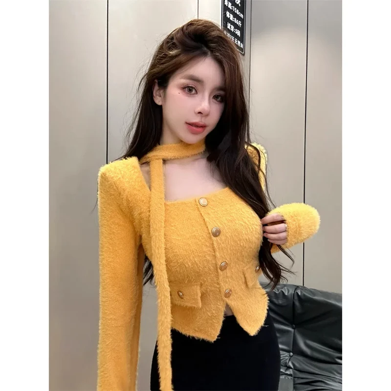 

Свитер для пикантных девушек в американском стиле, женский свитер с длинными рукавами, висящий маленький рост, квадратный вырез, темперамент, маленький ароматный стиль