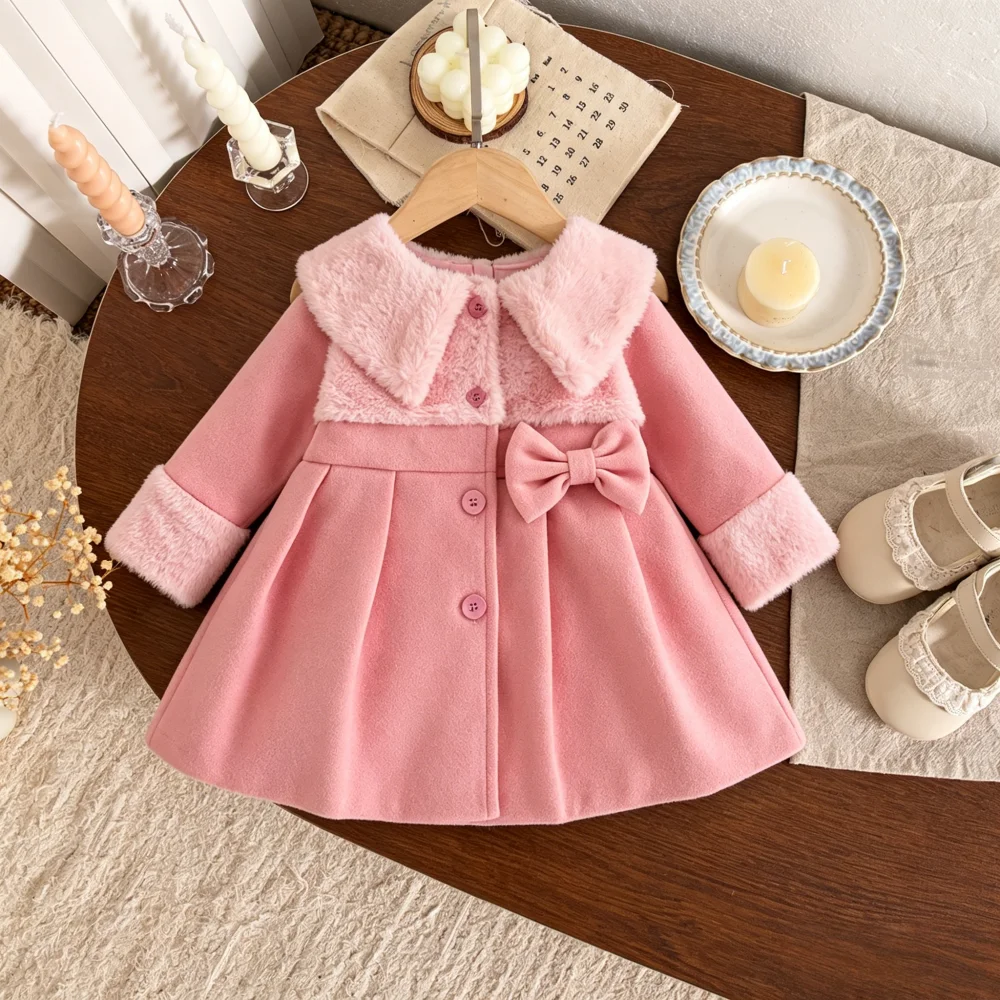 Baby Girl Children's Coat Autumn And Winter Bow Tie Woolen Sweater Lapel Children's Coat Cute And Warm Casual Children's Coat